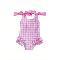 M 12125 Plaid bowknot swimsuit 格子蝴蝶結連體泳衣
