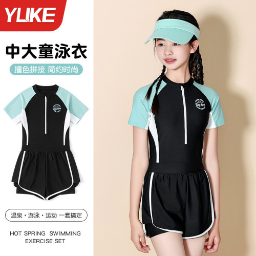 兒童泳衣女大童2024新款夏季保守遮肚連體平角遊泳館運動學生泳裝