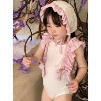 新款女童甜美雙色蕾絲花邊蝴蝶結連體森系兒童中小童女寶寶沙灘度