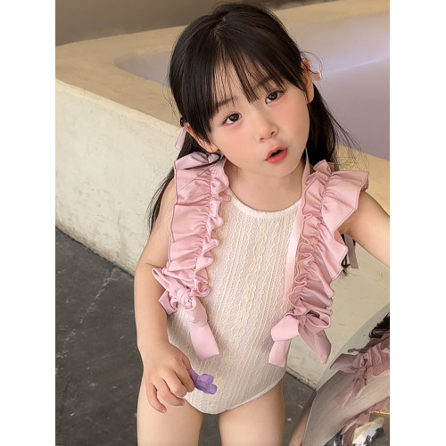 新款女童甜美雙色蕾絲花邊蝴蝶結連體森系兒童中小童女寶寶沙灘度