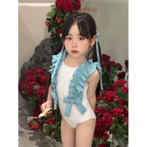 新款女童甜美雙色蕾絲花邊蝴蝶結連體森系兒童中小童女寶寶沙灘度