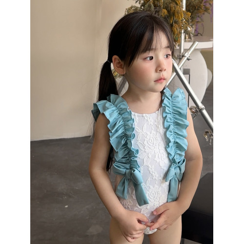 新款女童甜美雙色蕾絲花邊蝴蝶結連體森系兒童中小童女寶寶沙灘度