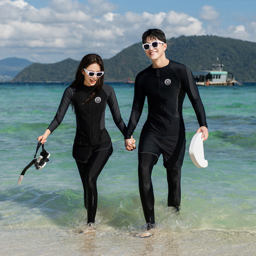 男款沖浪服潛水服女分體套裝顯瘦長袖水母浮潛防曬情侶溫泉遊泳衣