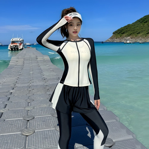 新款高檔泳衣女士海邊保守分體式水母服長袖長褲沖浪防曬浮潛水服