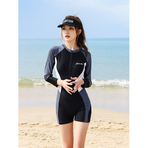 韓國新款潛水服女保守顯瘦水母沖浪泳衣長袖短褲連體溫泉泳裝