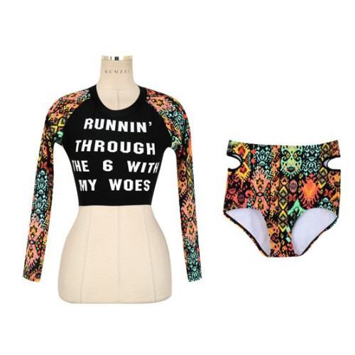 女泳衣字母三件套高腰平角長袖防曬水母衣潛水服溫泉泳裝