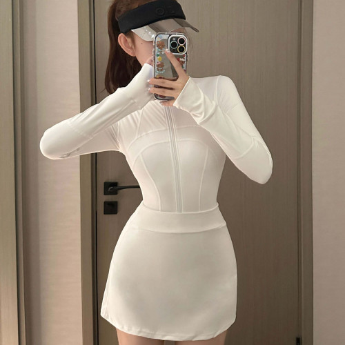 白色高領長袖防曬速乾潛水專業競速運動水母服沖浪泳衣女lulu風 白色高領長袖防曬速乾潛水專業競速運動水母服沖浪泳衣女lulu風