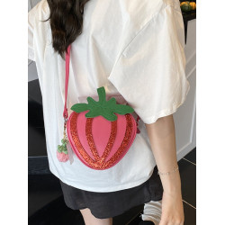 新款個性創意皮質凹造型粉紅草莓水果包立體兒童斜後後背包女士單肩包
