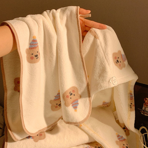 可愛小熊珊瑚絨浴巾女吸水速乾洗澡毛巾成人非純棉裹巾三件套學生