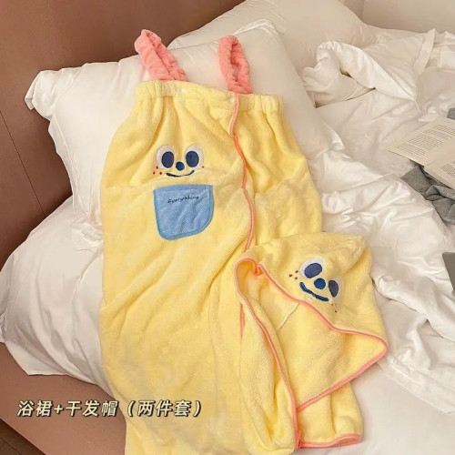 可愛浴巾浴袍可穿式速乾浴裙女裹全身家用卡通乾髮帽宿捨三件套棉