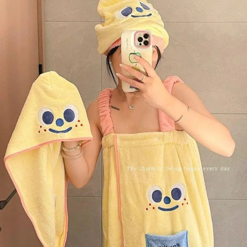 可愛浴巾浴袍可穿式速乾浴裙女裹全身家用卡通乾髮帽宿捨三件套棉