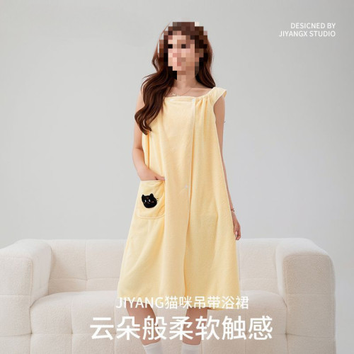 冀陽吊帶款浴裙可穿式浴巾吸水速乾浴裙女家用宿捨可愛小貓浴裙