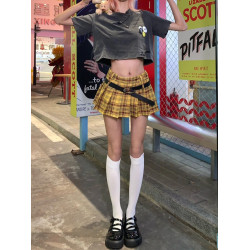 復古美式黃色格子百褶裙女大碼設計感辣妹JK半身裙學院風a字短裙