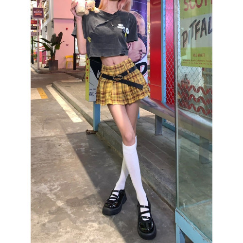 復古美式黃色格子百褶裙女大碼設計感辣妹JK半身裙學院風a字短裙