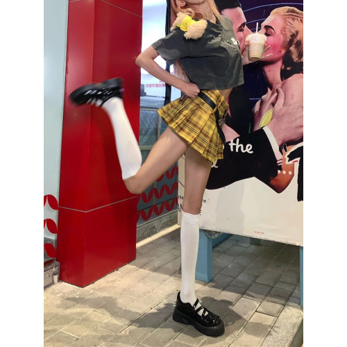 復古美式黃色格子百褶裙女大碼設計感辣妹JK半身裙學院風a字短裙