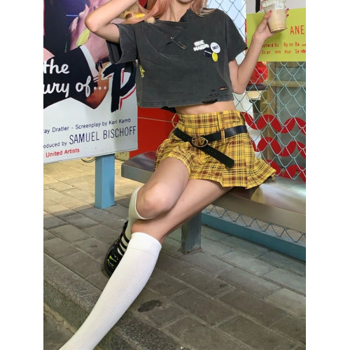 復古美式黃色格子百褶裙女大碼設計感辣妹JK半身裙學院風a字短裙