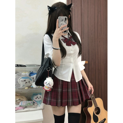 空慄鼠丸【硃雀】原創jk格裙學院風jk製服紅色高腰校供百褶裙套裝