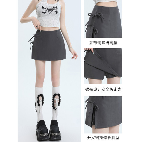 灰色側開叉裙褲女夏季蝴蝶結系帶西裝包臀半身裙小個子A字短裙潮