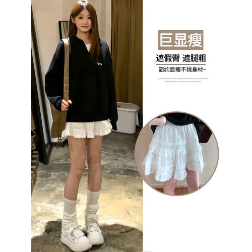 白色蕾絲短裙女春秋季2025新款芭蕾風蛋糕裙高腰a字蓬蓬半身裙子