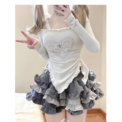 少女春夏季穿搭2024米色上衣超重工蛋糕蓬蓬短裙甜辣妹套裝 椰子
