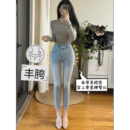 自帶豐胯墊韓版辣妹高腰彈力緊身提臀顯瘦顯腿長小腳鉛筆牛仔褲女
