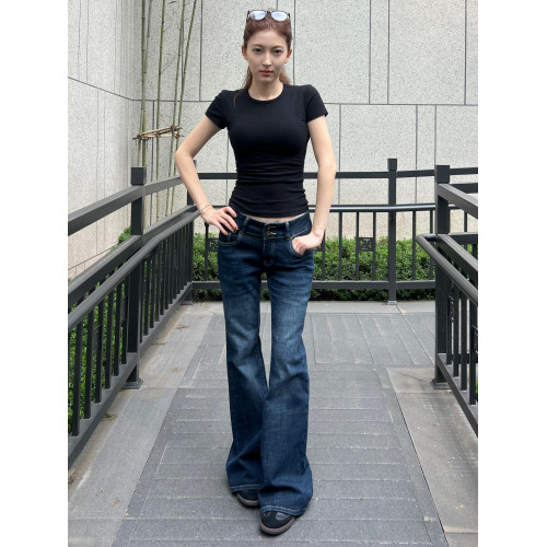 MY FAERIE復古中低腰微喇牛仔褲女小個子辣妹彈力修身喇叭褲子