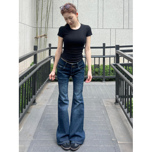 MY FAERIE復古中低腰微喇牛仔褲女小個子辣妹彈力修身喇叭褲子