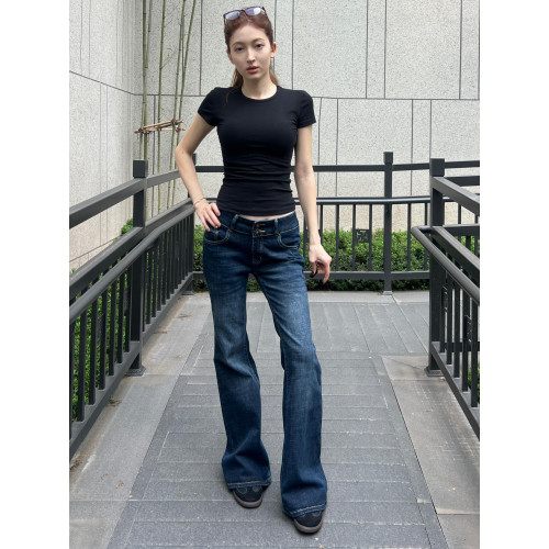 MY FAERIE復古中低腰微喇牛仔褲女小個子辣妹彈力修身喇叭褲子