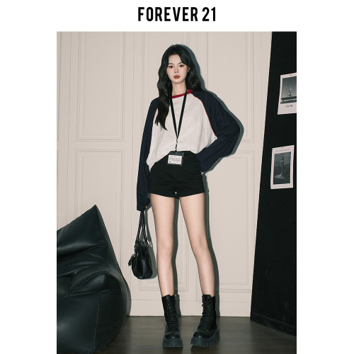 Forever21設計感復古黑色A字牛仔短褲女美式修身顯瘦高腰包臀熱褲