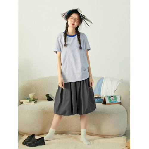 邊縫原創天絲灰色半身裙女夏季日系休閒百搭寬鬆薄款松緊腰裙子