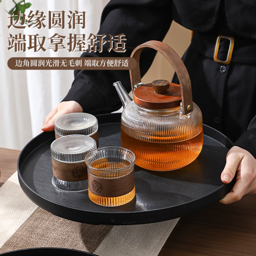 PP塑膠仿木紋圓形托盤水杯茶盤水果麵包盤酒店客房收納盤