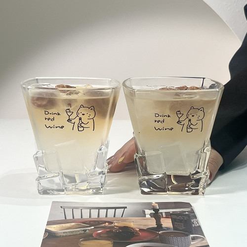 原創小貓威士忌杯冰塊玻璃杯高顔值家用喝水杯子氣泡水杯冰咖啡杯