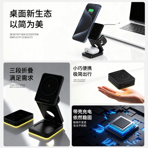 三合一多功能無線充手機支架折疊磁吸無線充適用蘋果手機充電器 三合一多功能無線充手機支架折疊磁吸無線充適用蘋果手機充電器