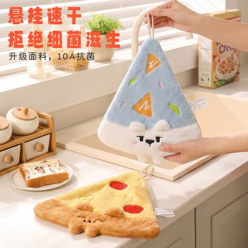 可愛披薩擦手巾珊瑚絨掛式吸水加厚毛巾衛生間卡通擦手帕洗手方巾