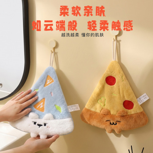 可愛披薩擦手巾珊瑚絨掛式吸水加厚毛巾衛生間卡通擦手帕洗手方巾