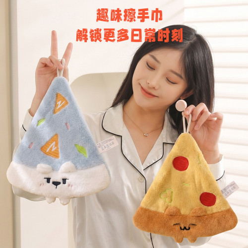 可愛披薩擦手巾珊瑚絨掛式吸水加厚毛巾衛生間卡通擦手帕洗手方巾
