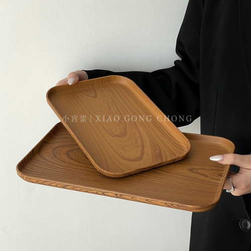 ins風仿木紋塑膠托盤長方形茶盤餐盤咖啡廳甜品盤蛋糕盤點心盤