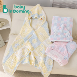 六層加厚竹棉紗布鬥篷浴巾柔軟透氣寶寶可穿式帶帽浴袍嬰兒洗澡巾