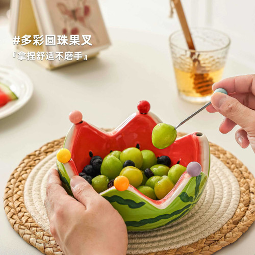 陶瓷創意西瓜水果盤帶叉子家用客廳水果沙拉碗可愛不鏽鋼叉子套裝 陶瓷創意西瓜水果盤帶叉子家用客廳水果沙拉碗可愛不鏽鋼叉子套裝