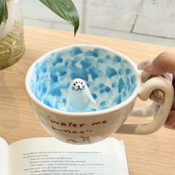 卡通可愛遊泳海豹咖啡杯手工製作陶瓷馬克杯牛奶杯創意喝水杯小衆