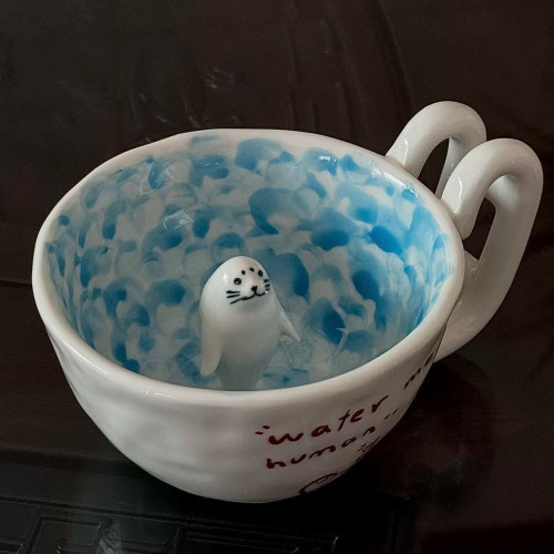 卡通可愛遊泳海豹咖啡杯手工製作陶瓷馬克杯牛奶杯創意喝水杯小衆 卡通可愛遊泳海豹咖啡杯手工製作陶瓷馬克杯牛奶杯創意喝水杯小衆