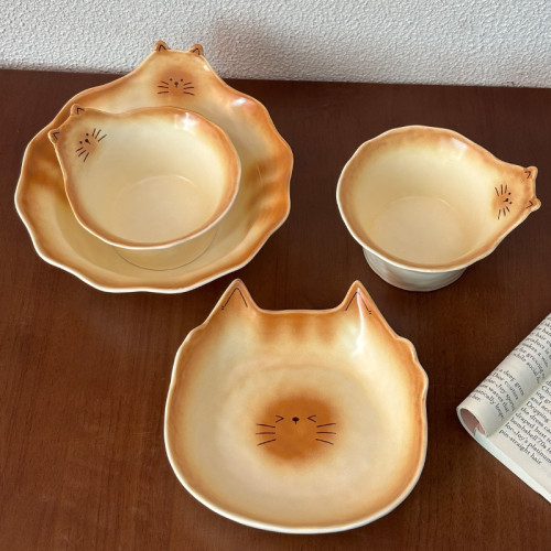 可愛貓咪陶瓷餐具高顔值陶瓷碗大容量湯碗小吃盤家用盤子造型盤
