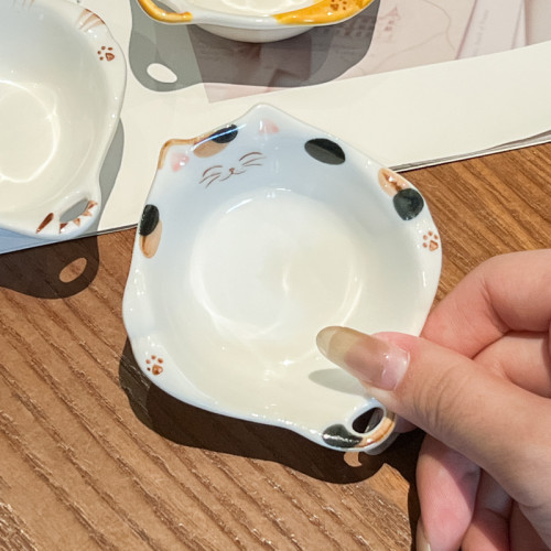 陶瓷小碟子日式田園風蘸料碟釉下彩彩繪高顔值小貓碟配菜碟醬油碟