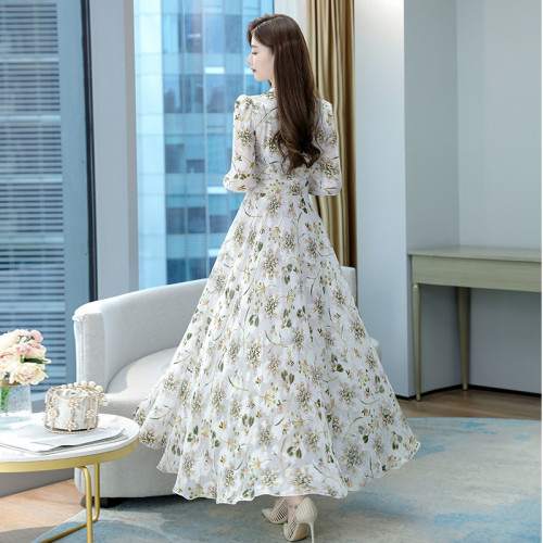 2025春秋女長袖連衣裙提花雪紡超仙收腰沙灘大擺蝴蝶結超長裙