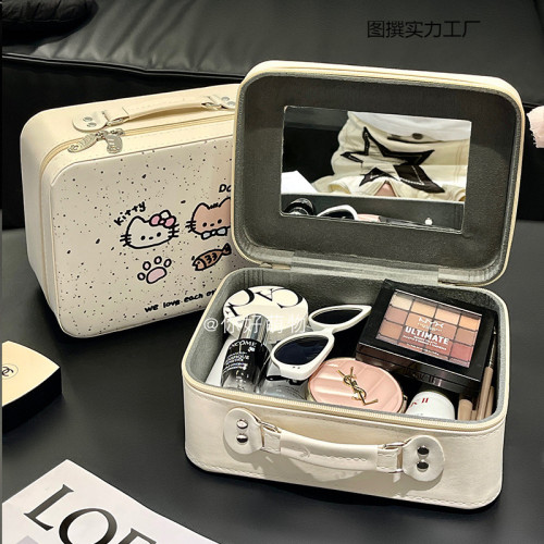 化妝包帶鏡子大容量可愛化妝箱小手提箱女旅行可攜式化妝品收納包 化妝包帶鏡子大容量可愛化妝箱小手提箱女旅行可攜式化妝品收納包