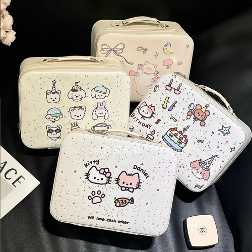 化妝包帶鏡子大容量可愛化妝箱小手提箱女旅行可攜式化妝品收納包 化妝包帶鏡子大容量可愛化妝箱小手提箱女旅行可攜式化妝品收納包