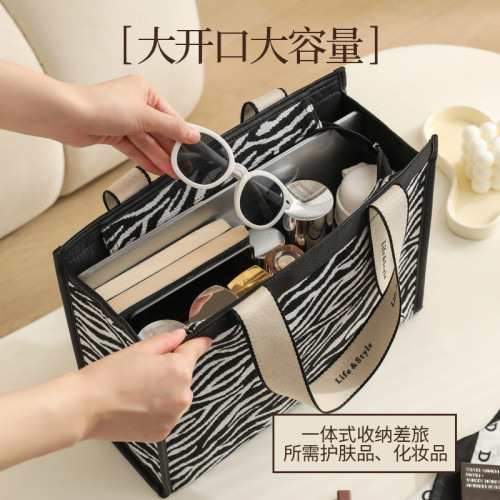 多功能化妝包斑馬紋民族風帆布托特包高級感大容量出差旅行收納包 多功能化妝包斑馬紋民族風帆布托特包高級感大容量出差旅行收納包