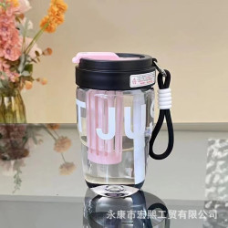 高顔值卡通水杯新款女生泡茶杯雙飲帶吸琯杯子學生可愛提手隨行杯