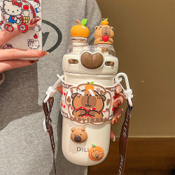 2024新款卡皮巴拉316不鏽鋼吸管保溫杯女學生上學專用可攜式水杯子