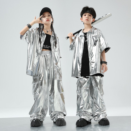 街舞兒童潮服演出服男童套裝hiphop童裝嘻哈爵士銀色皮衣酷炫炸街